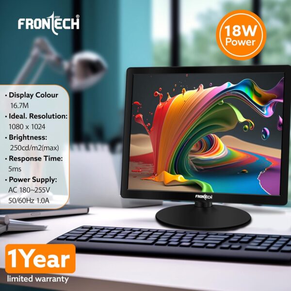 FRONTECH 17 Inch HD LED Monitor | Refresh Rate 60 Hz,1028 x 1024 Pixels | Wall Mountable Slim & Stylish Design with 16.7M Colors| HDMI & VGA Ports, Built-in Power Supply (MON-0065,Black) - Image 3