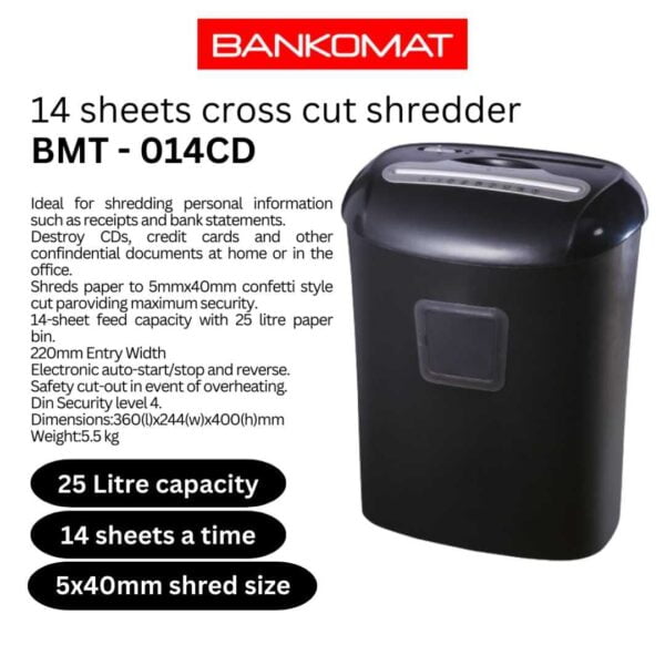 Paper/CD/Credit Card Cross Cut Shredder with 14 Sheet Capacity and 25L Bin for shredding Highly Sensitive and Personal documents;